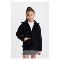 DEFACTO Girls Knitwear Basic Stand Collar Zippered Pocket Black School Cardigan