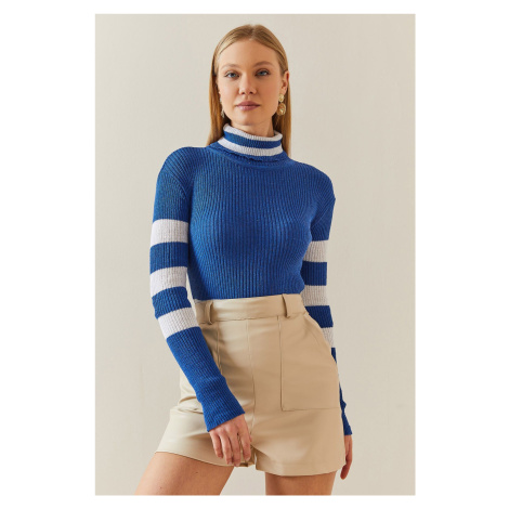 XHAN Saks Corded Turtleneck & Striped Sweater