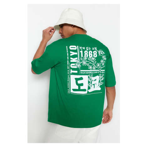 Trendyol zelené oversize/široký orientální potisk s krátkým rukávem 100% bavlněné tričko