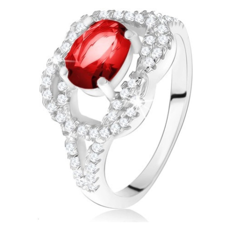 Stříbrný 925 prsten, oválný rubínový kámen, zirkonový uzel Šperky eshop