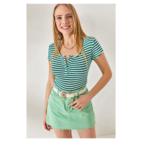 Olalook Women's Thick Striped Emerald Camisole Blouse with Snaps