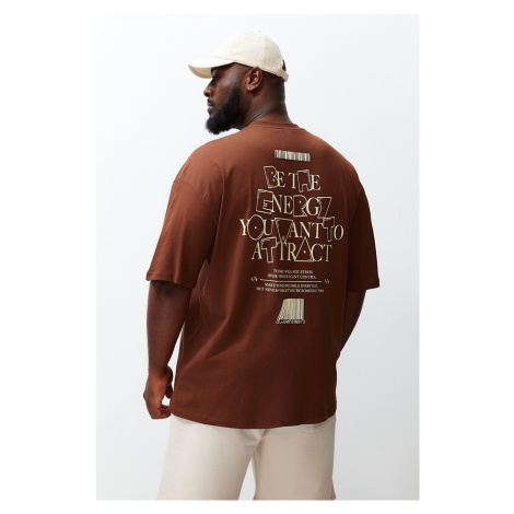Trendyol Plus Size Brown Oversize/Wide-Fit 100% Cotton Text Printed T-Shirt