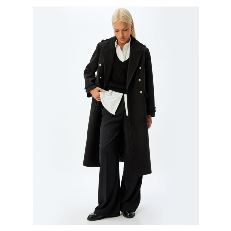 Koton Extra Long Cashmere Coat with Epaulette Detail and Buttoned Pockets