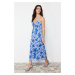 Trendyol Blue Printed Maxi Length Sweetheart Neckline Knitted Maxi Dress