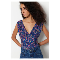Trendyol Purple Printed V-Neck Drape Detailed Fitted/Sleeping Stretchy Knitted Bodysuit with Sna