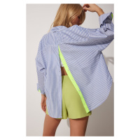 Happiness İstanbul Women's Blue Green Striped Oversized Shirt With Stripes And Buttons