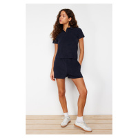 Trendyol Navy Blue Towel Regular/Normal Fit Polo Neck and Regular Leg Knitted Two Piece Set