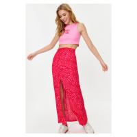 Trendyol Pink Animal Patterned Slit Detail Maxi Length Woven Skirt