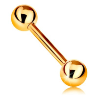 Zlatý 14K piercing - lesklý barbell se dvěma lesklými kuličkami, žluté zlato, 12 mm