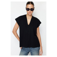 Trendyol Black 100% Cotton V-Neck Moon Sleeve Knitted T-Shirt