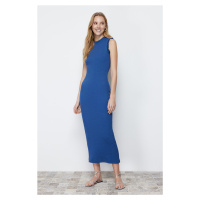 Trendyol Indigo Crew Neck Ruffle Detail Fitted Ribbed Midi Smart Knitted Dress