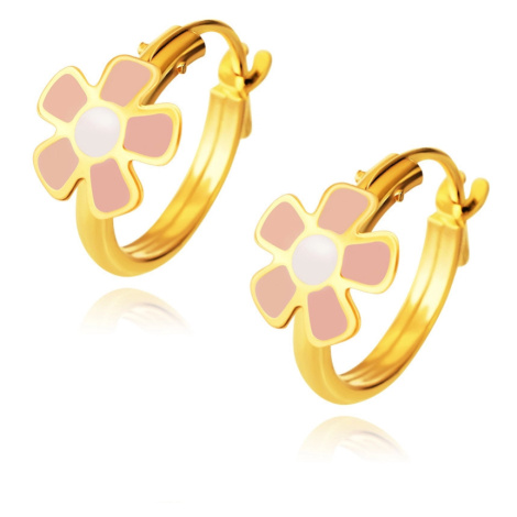 14K zlaté náušnice - kruhy s kvítkem, růžové okvětní lístky, bílý střed, 10 mm Šperky eshop