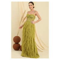 By Saygı Bead Rope Strapless Strapless Handkerchief Fringed Lined Long Tulle Dress