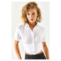 Olalook Women's White Waist Corset Look Crop Shirt