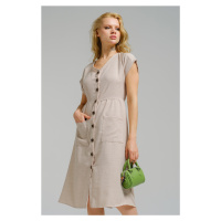 armonika Women's Cream Patterned V-Neck Buttoned Front Midi Length Dress