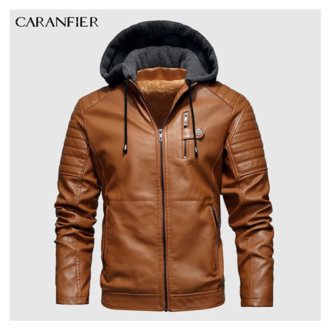 Kožená pánská bunda s kožíškem uvnitř a odnímatelnou kapucí CARANFLER