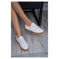 Madamra Women's White Thick Laced Leather Look Sneakers