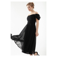 Lafaba Women's Black Boat Neck Draped Midi Flared Evening Dress