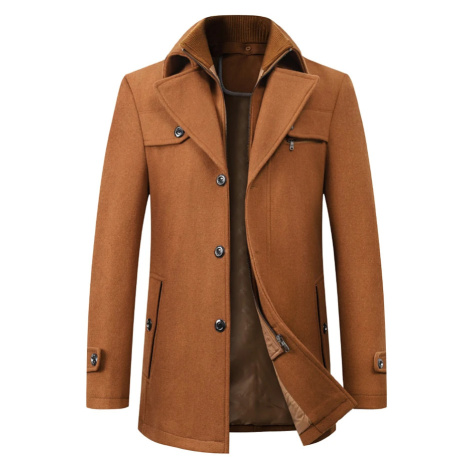 Elegantní pánský kabát vlněný s límečkem - HNĚDÝ CARANFLER