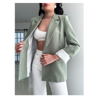 Laluvia Khaki Striped Lined Linen Jacket