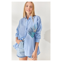 Olalook Baby Blue Palm Sequin Detailed Oversize Woven Poplin Shirt