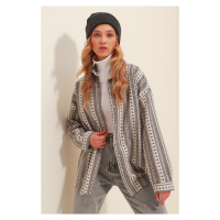 Trend Alaçatı Stili Women's Gray Ethnic Pattern Oversized Woven Winter Shirt