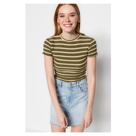 Trendyol Khaki Stripe Baby Overlock Detailed Fitted Crop Knitted Blouse