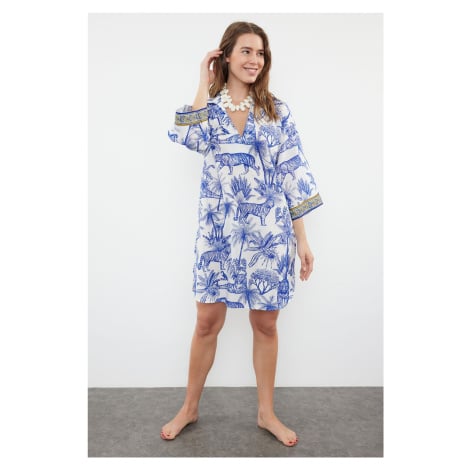 Trendyol Tropical Patterned Wide Fit Midi Woven 100% Cotton Beach Dress