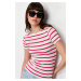Trendyol Fuchsia Striped Boat Rock Short Sleeve Regular/Normal Cut Ribbed Stretch Knitted Blouse