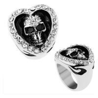 Prsten z chirurgické oceli, srdce zdobené čirými zirkony, patinovaná lebka
