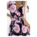LISA - Plisované dámské midi šaty s výstřihem, volánky a se vzorem velkých růží na černém pozadí