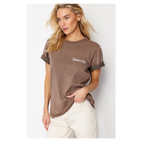 Trendyol Brown Pale Effect Printed Basic Knitted T-Shirt