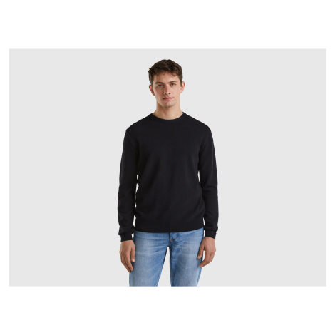 Benetton, Black Crew Neck Sweater In Pure Merino Wool United Colors of Benetton