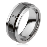 Wolframový prsten se zářezy, stříbrná barva, lesklý černý povrch