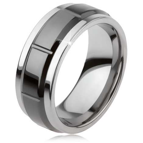 Wolframový prsten se zářezy, stříbrná barva, lesklý černý povrch Šperky eshop