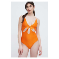 Jednodílné plavky Pepe Jeans WAVE KNOT SWIMSUIT oranžová barva, měkký košík, PLB10489