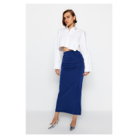 Trendyol Navy Blue Premium with a Glossy Finish and Soft Textured Draping Maxi Knitted Skirt