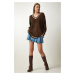 Happiness İstanbul Women's Brown V-Neck Oversize Long Knitwear Sweater