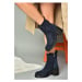 Fox Shoes R654006502 Navy Blue Genuine Leather and Suede Women's Boots with Thick Heels