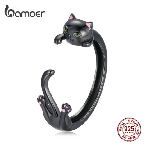 Stříbrný prsten černá kočka LOAMOER