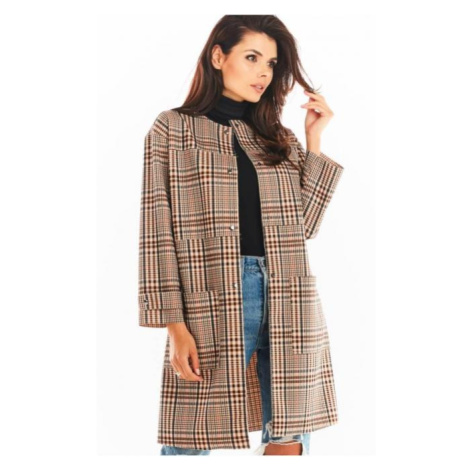 Károvaný dámský kabát hnědé barvy bez límce