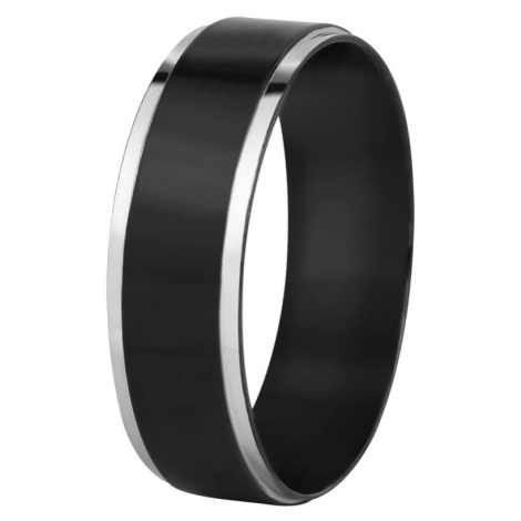 Troli Ocelový černý prsten se stříbrným okrajem