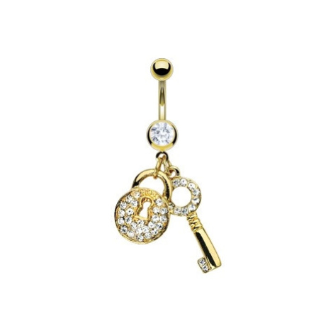 Piercing do pupíku zlaté barvy - klíč a zirkonový zámeček Šperky eshop