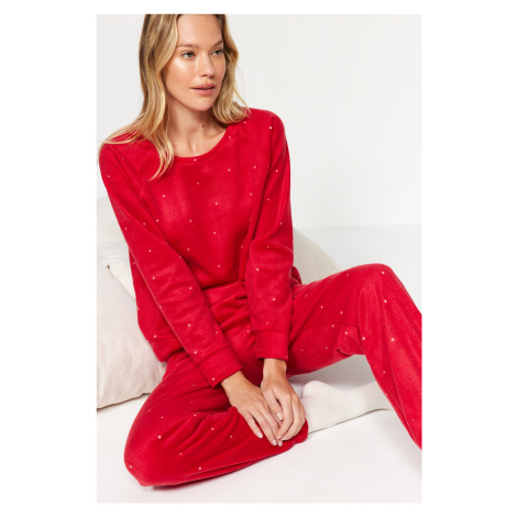 Trendyol Red Velvet Knitted Tshirt-Pants Pajamas Set