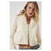 Happiness İstanbul Women's Cream Fur Collar Soft Textured Knitwear Cardigan