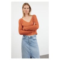 Trendyol Orange Crop Basic V-Neck Knitwear Sweater