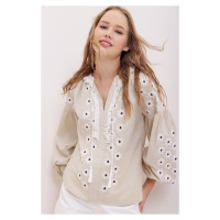 Trend Alaçatı Stili Women's Beige Tassel Detailed Embroidered Cotton Blouse