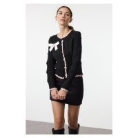 Trendyol Black Ribbon Detailed Beaded Knitted Cardigan