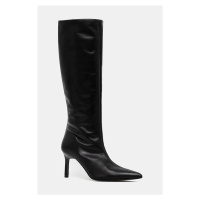 Kožené kozačky Calvin Klein HEEL KNEE BOOT 70 LTH dámské, černá barva, na podpatku, HW0HW02162