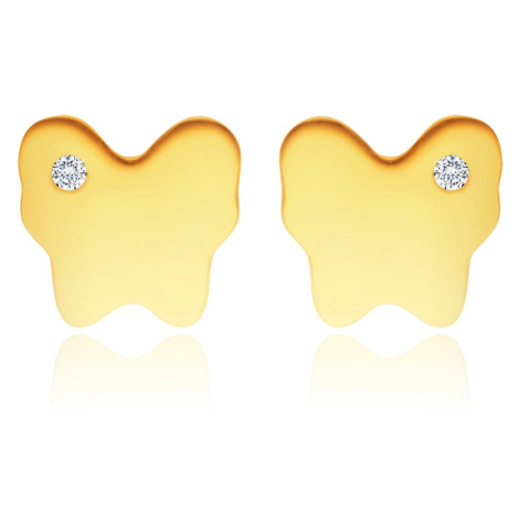 Náušnice ze 14K žlutého zlata - zrcadlově lesklý motýlek s drobným čirým zirkonem Šperky eshop